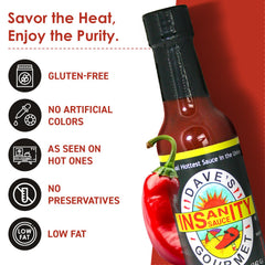 Dave's Gourmet Ghost Pepper Naga Jolokia bottle focusing on smoky-fruity heat advantage