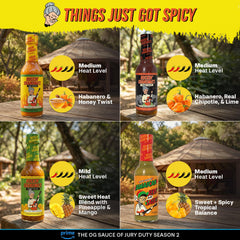 Dave's Gourmet four bottle lineup showing Original Smoky Jamaican Jerk and Sweet, highlights options