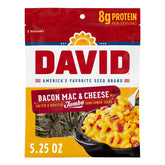 DAVID bag front showing bacon mac and cheese flavor and portable convenience