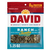 DAVID front packaging showing twelve 5.25 oz ranch seed bags for convenient snacking