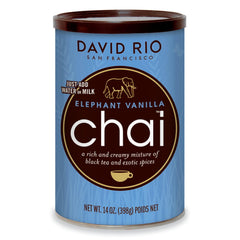 David Rio front packaging showing elephant logo and product benefit of creamy vanilla chai