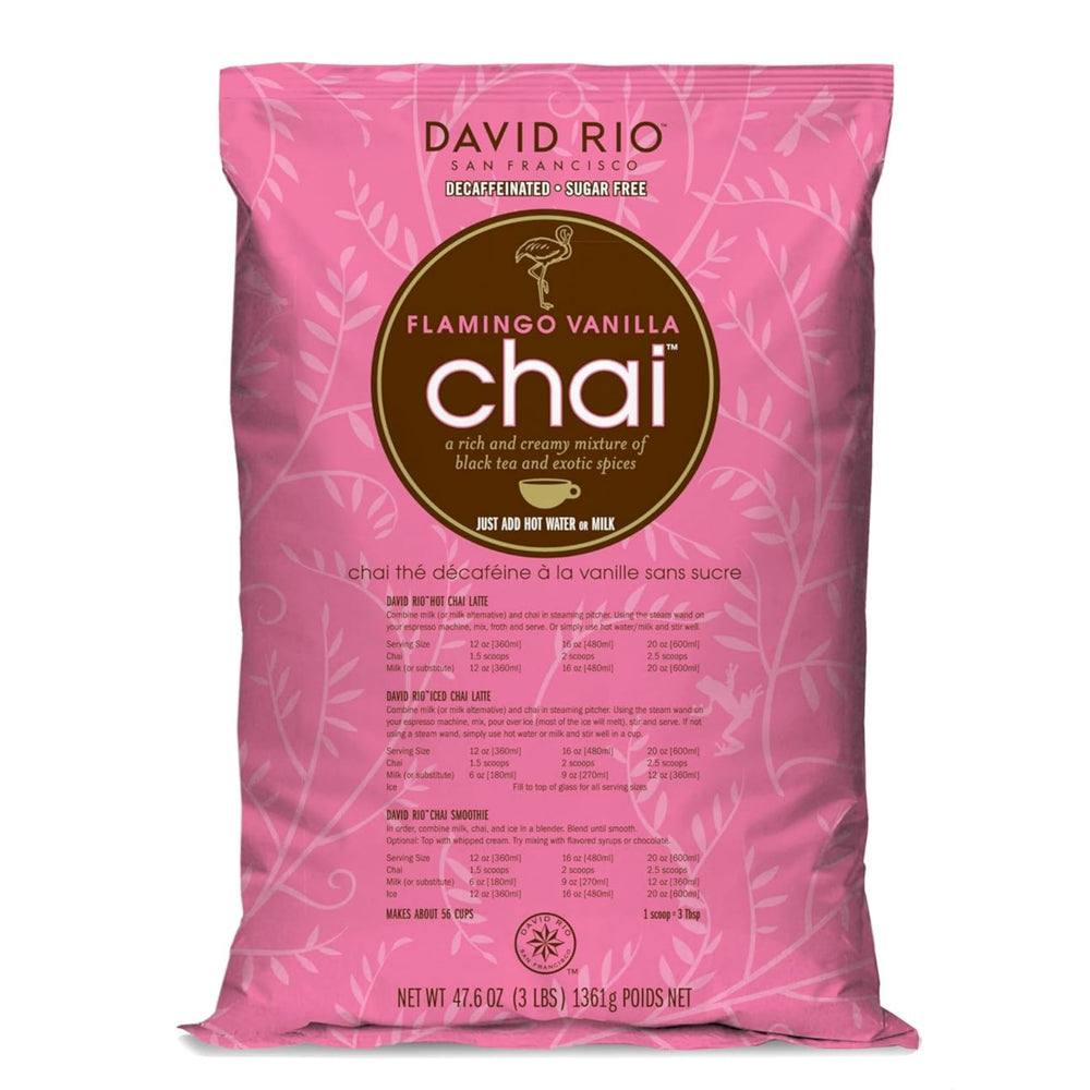 David Rio Flamingo Vanilla canister front showing label and size for shelf-ready convenience