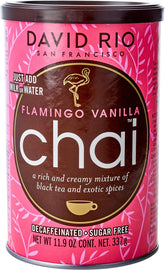David Rio canister front view showing Flamingo Vanilla label and benefits