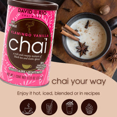 Iced David Rio Flamingo Vanilla chai over ice demonstrating refreshing cold-brew option