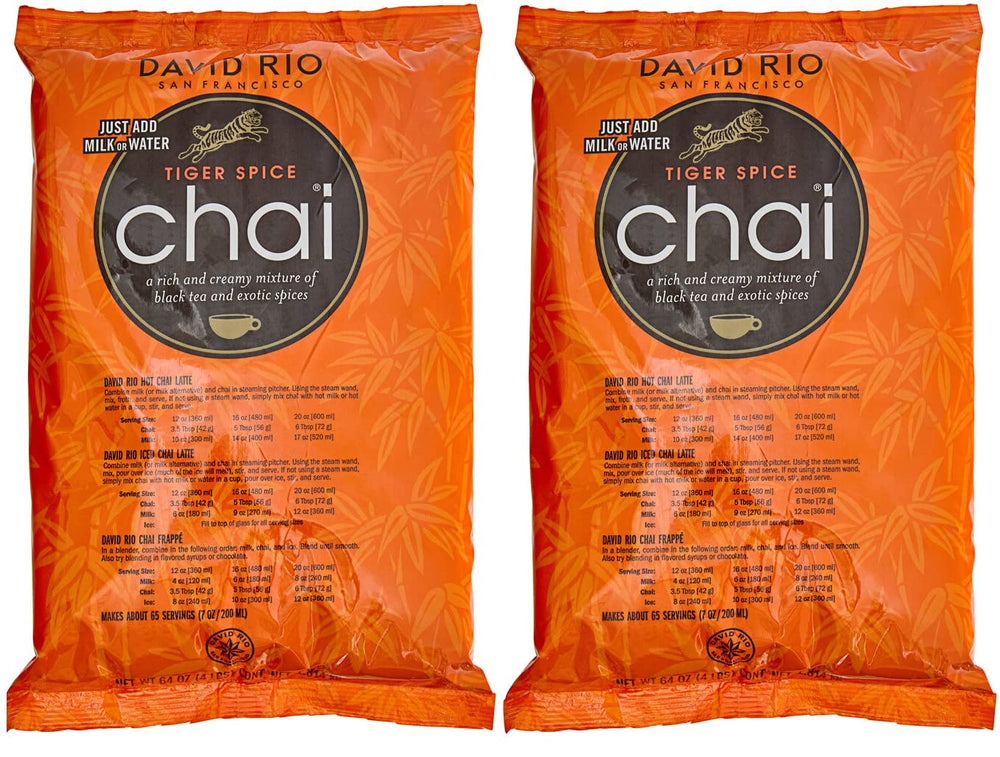 David Rio front packaging showing two large chai bags and brand benefit