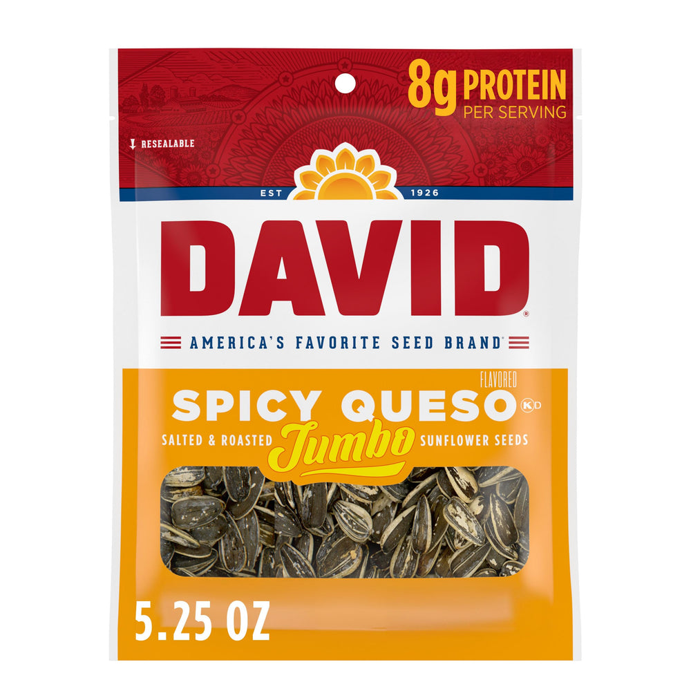 DAVID front packaging of spicy queso jumbo sunflower seeds showing branding and size