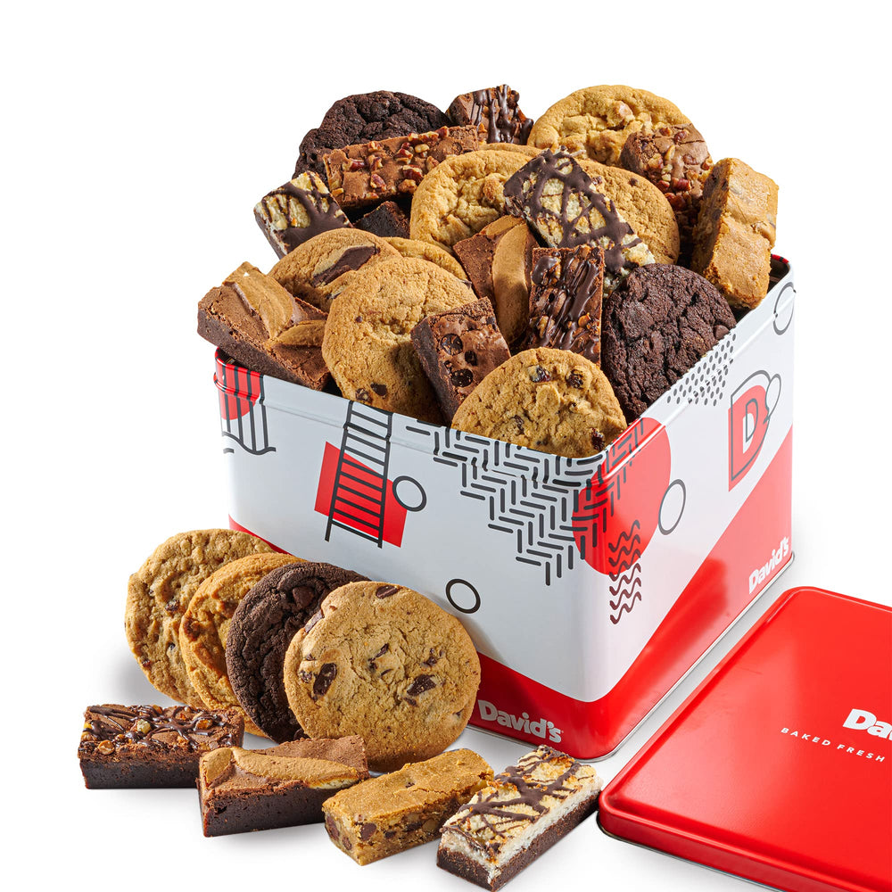 David's COOKIES front tin crate showcasing an attractive gift-ready package