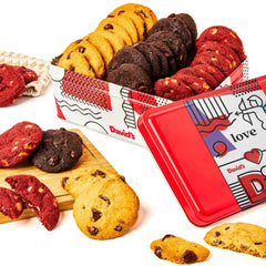 David's COOKIES love tin front view showing decorative gift-ready packaging and freshness benefit