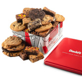 David's Cookies front view of tin crate showing assorted cookies for gifting benefit