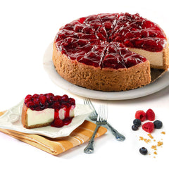 David's Cookies front view of whole strawberry cheesecake showing generous slices and presentation benefit