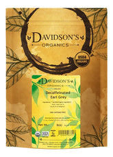 Davidson's front pouch packaging showing organic decaffeinated Earl Grey benefit freshness
