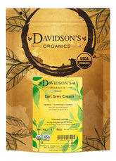 Davidson's front bag view showing organic Earl Grey Cream branding and size benefit