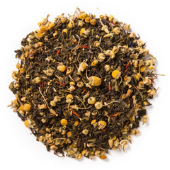 Davidson's loose-leaf close-up with chamomile and tropical fruit pieces, vivid aroma