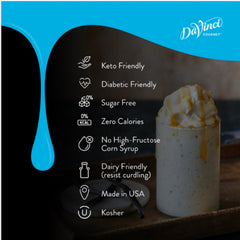 750 ml DaVinci Gourmet bottle beside a measuring cup showing serving size and scale