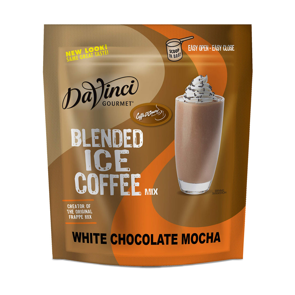 DaVinci Gourmet front packaging showing white chocolate mocha mix and easy serving