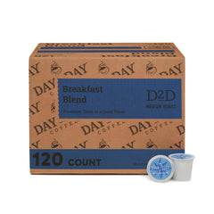 Day To Day Coffee front packaging showing 120-count box and balanced medium roast benefit