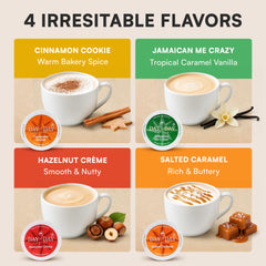 Four Day To Day flavored coffee pods arranged to show Hazelnut Creme, Jamaican Me Crazy, Cinnamon Cookie, Salted Caramel choices