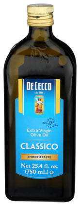 De Cecco bottle front view showing brand and smooth Italian oil benefit