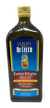 De Cecco bottle front view showing dark glass and Italian origin benefit