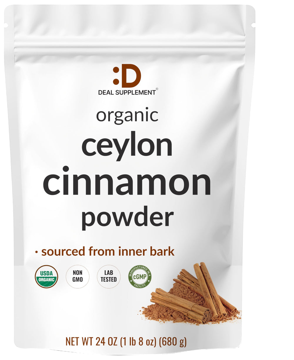 DEAL SUPPLEMENT front pouch showing 24 oz organic Ceylon cinnamon, clear labeling benefits