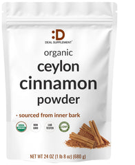 DEAL SUPPLEMENT front pouch showing 24 oz organic Ceylon cinnamon, clear labeling benefits