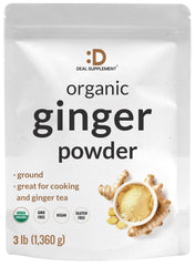 DEAL SUPPLEMENT front pouch displaying organic ginger powder and branding for pantry convenience