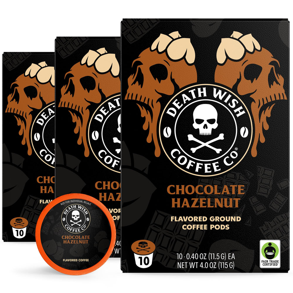 Death Wish Coffee front packaging showing chocolate hazelnut flavor and 30-count