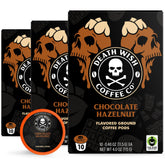 Death Wish Coffee front packaging showing chocolate hazelnut flavor and 30-count