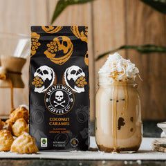 Death Wish Coffee brewed pour-over into a mug highlighting rich color and bold flavor