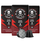 Death Wish Coffee capsule front packaging showing bold branding and convenience