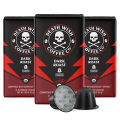 Death Wish Coffee capsule front packaging showing bold branding and convenience