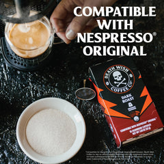 Death Wish Coffee capsule side label highlighting compatibility and certifications