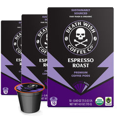 Death Wish Coffee front packaging showing bold branding and organic badge, eye-catching benefit
