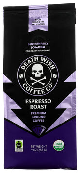 Death Wish Coffee front packaging 9oz showing bold label and organic badge for confident purchase