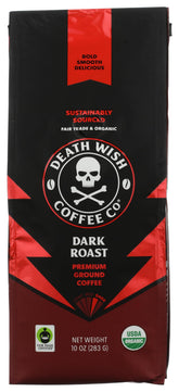 Death Wish Coffee front packaging showing bold label and organic badge for confident mornings