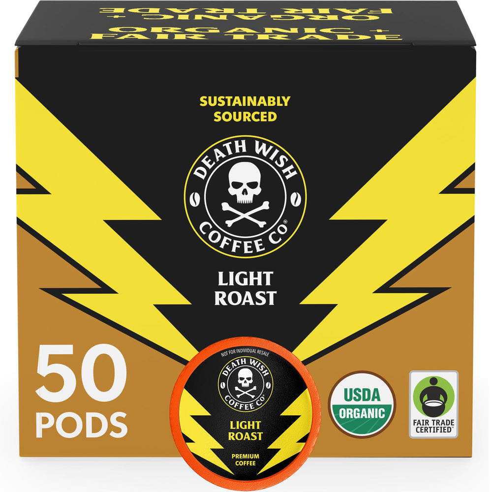 Death Wish Coffee front packaging showing organic fair-trade benefits