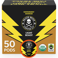 Death Wish Coffee front packaging showing organic fair-trade benefits