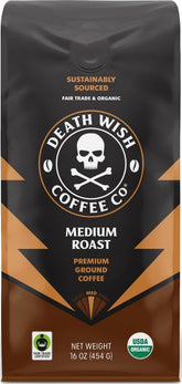 Death Wish Coffee front packaging showing bold branding and 16 oz benefit