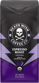 Death Wish Coffee front packaging showing 14 oz bag and bold branding benefits