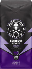 Death Wish Coffee front packaging showing 14 oz bag and bold branding benefits