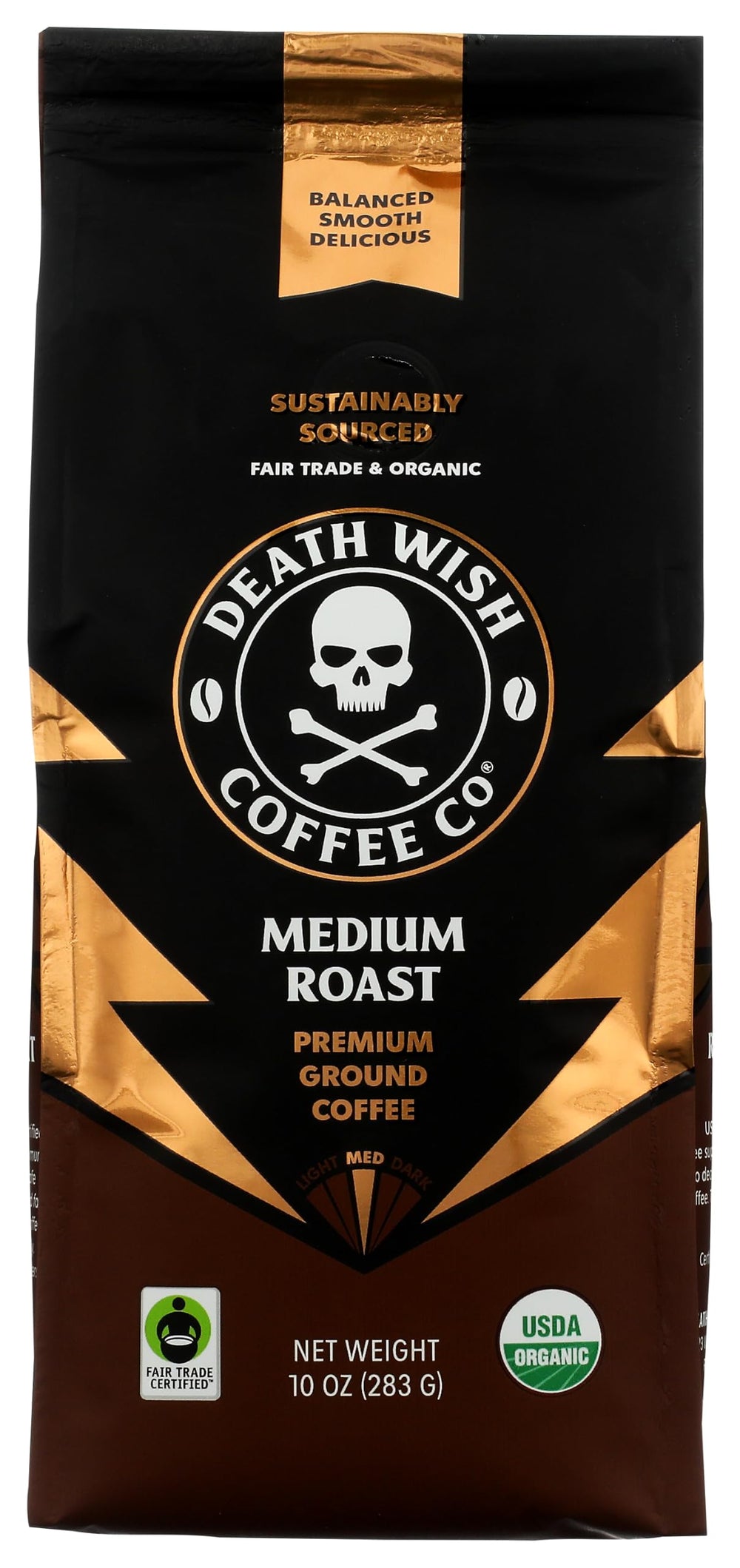 Death Wish Coffee front packaging 10oz showing bold branding and organic badge for confident choice