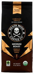 Death Wish Coffee front packaging 10oz showing bold branding and organic badge for confident choice