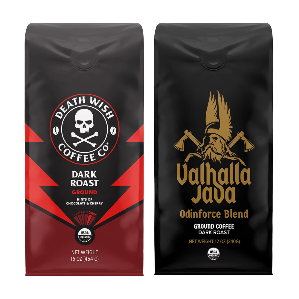 Death Wish Coffee front packaging showing both dark roast and Valhalla Java for bold mornings