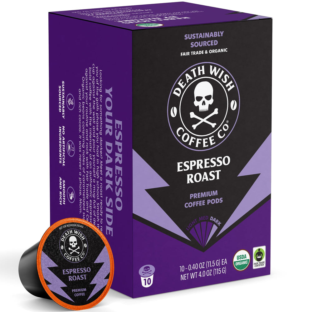 Death Wish Coffee box front showing bold espresso roast and organic benefit