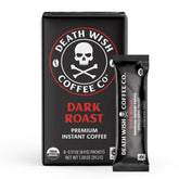Death Wish Coffee front packaging showing bold instant packets for convenience