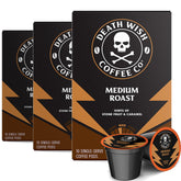 Death Wish Coffee front box showing 30-count pods and branding benefit of convenience