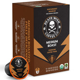 Death Wish Coffee front packaging showing organic medium pods and certifications for clear trust