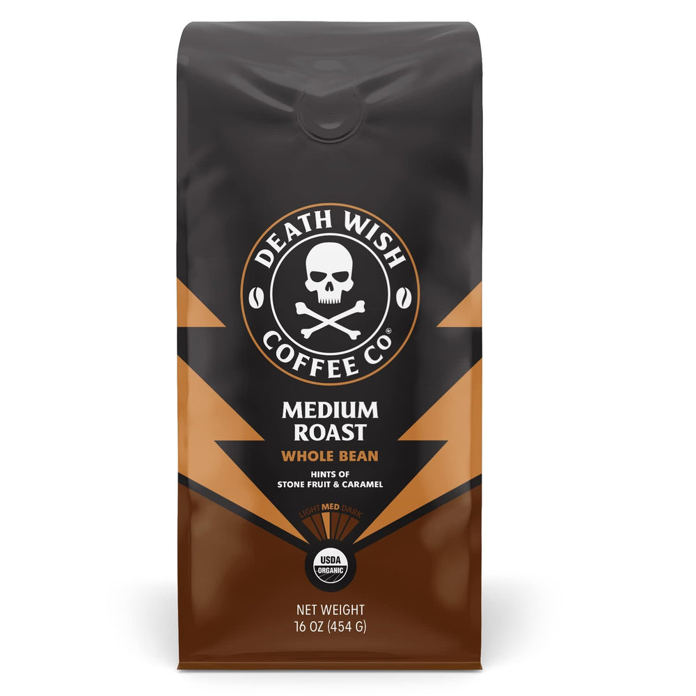 Death Wish front packaging showing 16 oz bag and organic label, highlights quality