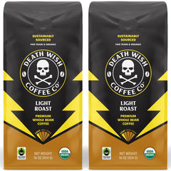 Death Wish Coffee front packaging showing two 16 oz organic light roast bags and bold branding