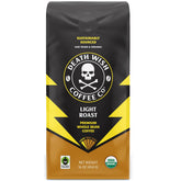 Death Wish Coffee front packaging showing organic fair trade 16 oz benefit clarity